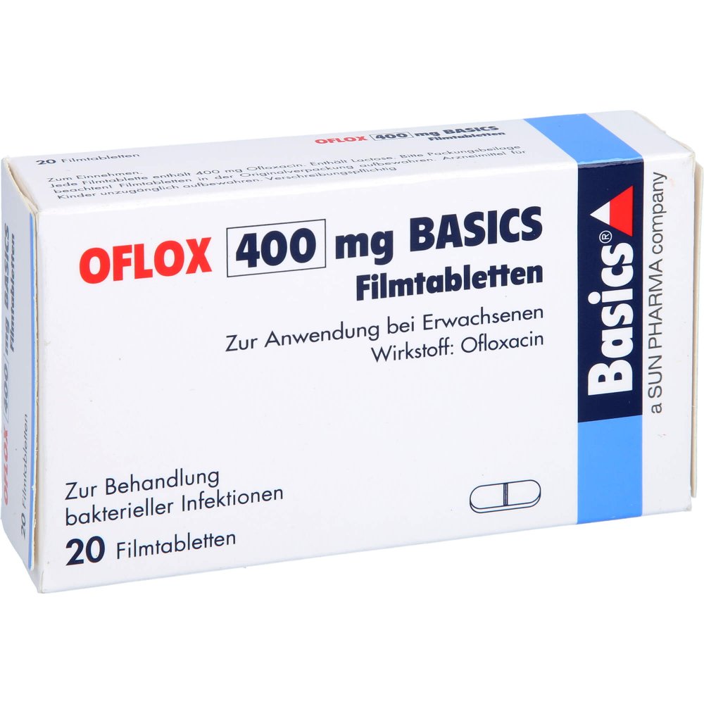 Das Produktfoto zeigt Oflox 400 Mg Basics Filmtabletten (20 stk) PZN 01661761