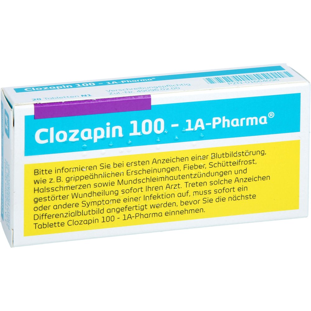Das Produktfoto zeigt Clozapin 100-1a Pharma Tabletten (20 stk) PZN 01664096