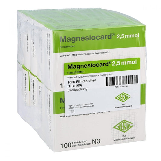 Das Produktfoto zeigt Magnesiocard 2,5 Mmol Filmtabletten (10X100 stk) PZN 01667841
