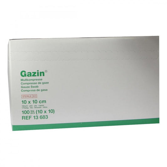 Das Produktfoto zeigt Gazin Mullkomp.10x10 Cm Steril 16fach (10X10 stk) PZN 01670151