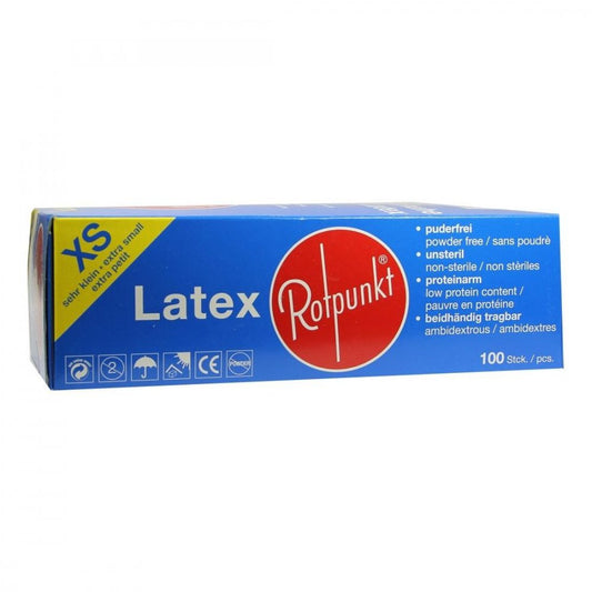 Das Produktfoto zeigt Rotpunkt Unt.Handsch.Latex Unsteril Ungepudert Xs (100 stk) PZN 01670754