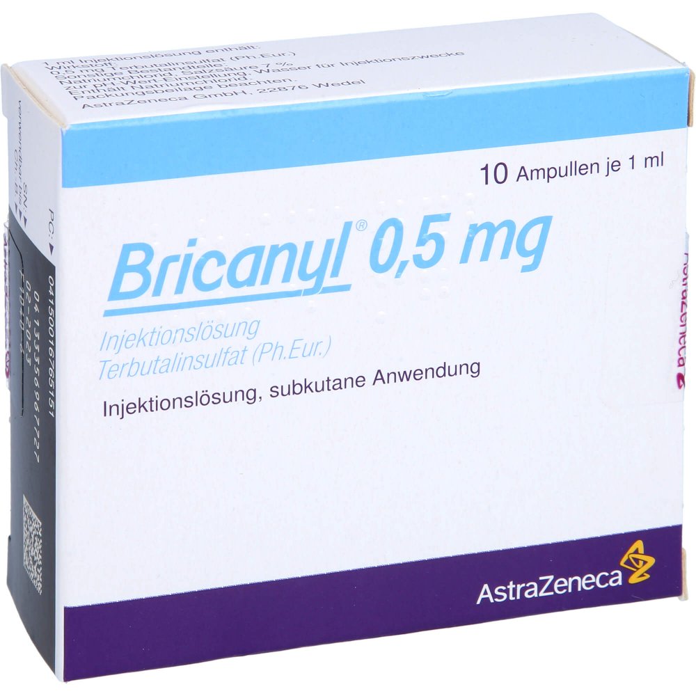 Das Produktfoto zeigt Bricanyl 0,5 Mg Injektionslösung (10X1 ml) PZN 01676515