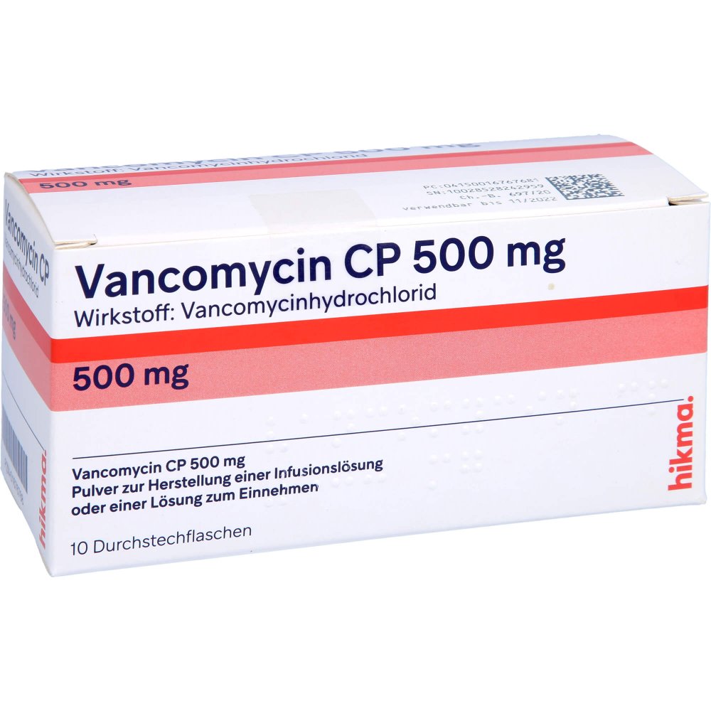 Das Produktfoto zeigt Vancomycin Cp 500 Mg Plv.Z.Her.E.Lsg.Z.Ein./Inf. (10 stk) PZN 01676768