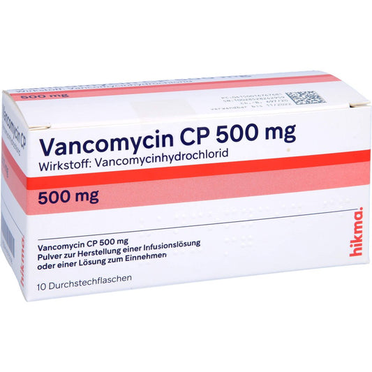Das Produktfoto zeigt Vancomycin Cp 500 Mg Plv.Z.Her.E.Lsg.Z.Ein./Inf. (10 stk) PZN 01676768