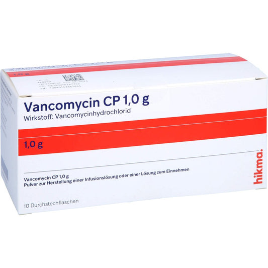 Das Produktfoto zeigt Vancomycin Cp 1,0 G Plv.Z.Her.E.Lsg.Z.Ein./Inf. (10 stk) PZN 01676774