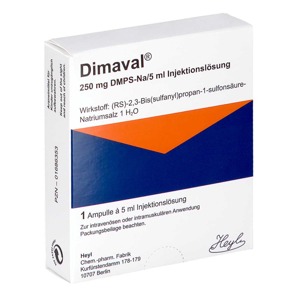 Das Produktfoto zeigt Dimaval 250 Mg Dmps-Na/5ml Injektionslösung Amp. (1X5 ml) PZN 01686353