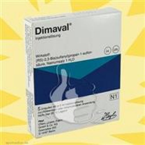 Das Produktfoto zeigt Dimaval 250 Mg Dmps-Na/5ml Injektionslösung Amp. (5X5 ml) PZN 01686399