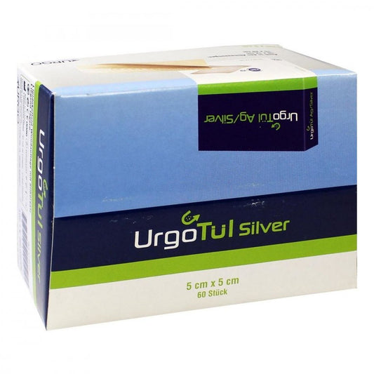 Das Produktfoto zeigt Urgotül Silver 5x5 Cm Wundgaze (60 stk) PZN 01686904