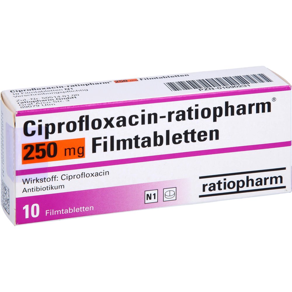 Das Produktfoto zeigt Ciprofloxacin-Ratiopharm 250 Mg Filmtabletten (10 stk) PZN 01690231