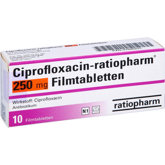 Das Produktfoto zeigt Ciprofloxacin-Ratiopharm 250 Mg Filmtabletten (10 stk) PZN 01690231