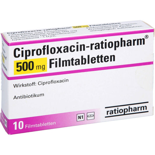Das Produktfoto zeigt Ciprofloxacin-Ratiopharm 500 Mg Filmtabletten (10 stk) PZN 01690254