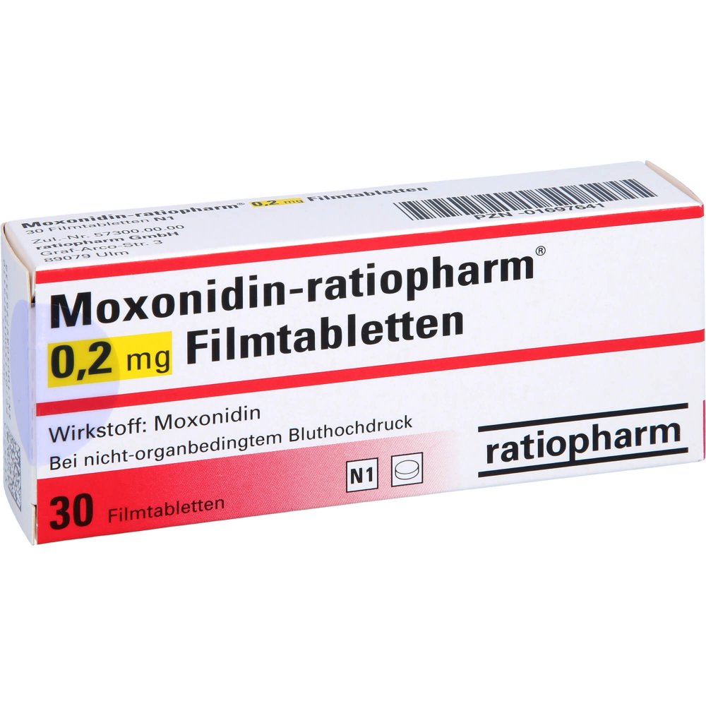 Das Produktfoto zeigt Moxonidin-Ratiopharm 0,2 Mg Filmtabletten (30 stk) PZN 01697641