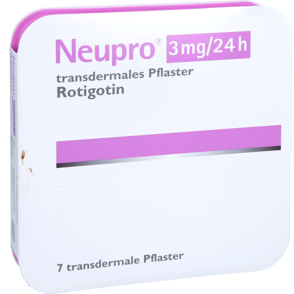 Das Produktfoto zeigt Neupro 3 Mg/24 H Transdermale Pflaster (7 stk) PZN 01699769