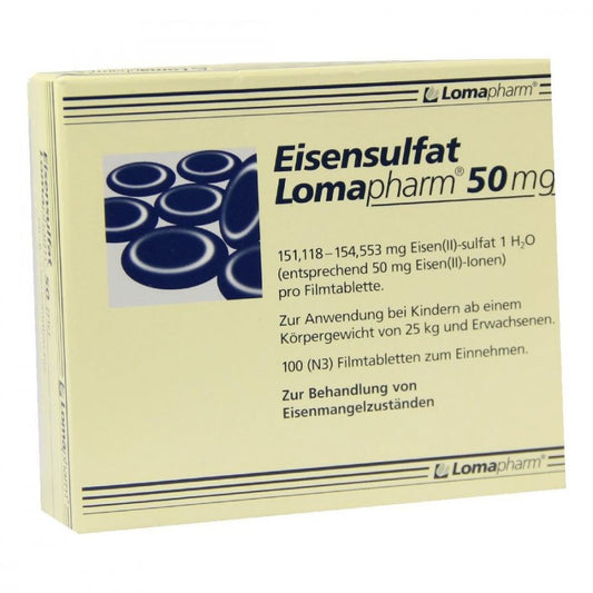 Das Produktfoto zeigt Eisensulfat Lomapharm 50 Mg Filmtabletten (100 stk) PZN 01713400