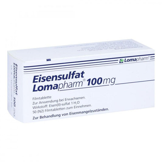 Das Produktfoto zeigt Eisensulfat Lomapharm 100 Mg Filmtabletten (50 stk) PZN 01713423