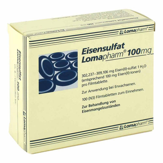Das Produktfoto zeigt Eisensulfat Lomapharm 100 Mg Filmtabletten (100 stk) PZN 01713446