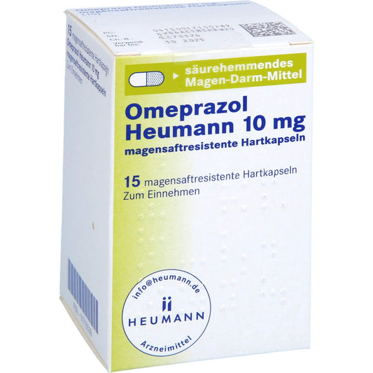 Das Produktfoto zeigt Omeprazol Heumann 10 Mg Magensaftres.Hartkapseln (15 stk) PZN 01715528