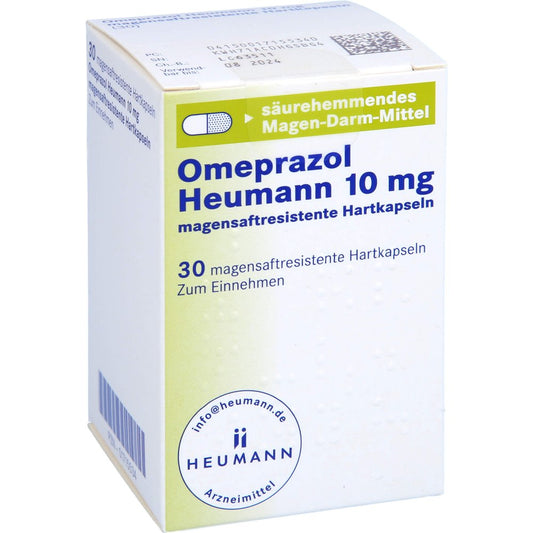 Das Produktfoto zeigt Omeprazol Heumann 10 Mg Magensaftres.Hartkapseln (30 stk) PZN 01715534
