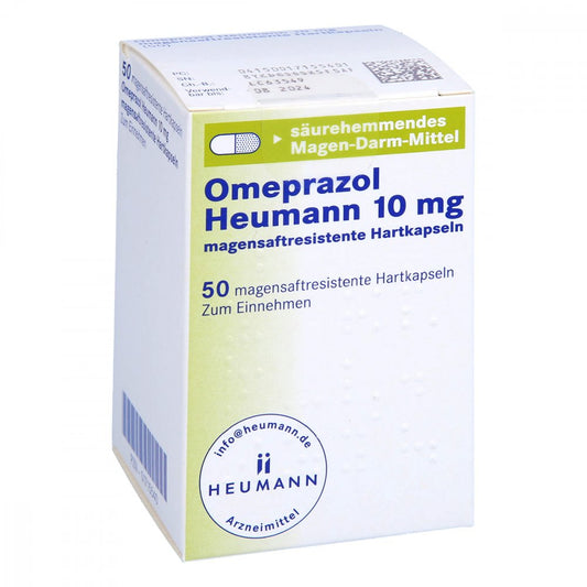 Das Produktfoto zeigt Omeprazol Heumann 10 Mg Magensaftres.Hartkapseln (50 stk) PZN 01715540