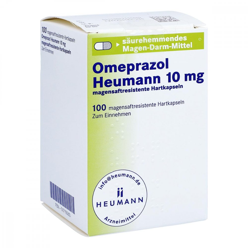 Das Produktfoto zeigt Omeprazol Heumann 10 Mg Magensaftres.Hartkapseln (100 stk) PZN 01715563
