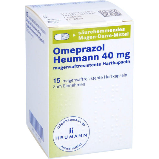 Das Produktfoto zeigt Omeprazol Heumann 40 Mg Magensaftres.Hartkapseln (15 stk) PZN 01715600