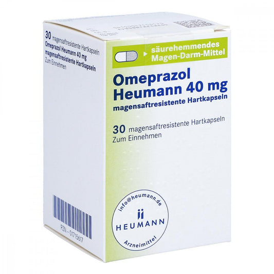 Das Produktfoto zeigt Omeprazol Heumann 40 Mg Magensaftres.Hartkapseln (30 stk) PZN 01715617
