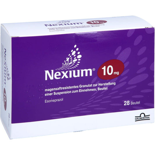 Das Produktfoto zeigt Nexium 10 Mg Magensaftr.Gra.Z.Her.E.Sus.Z.Ein.Btl. (28 stk) PZN 01743370