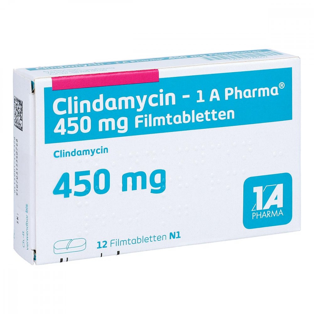 Das Produktfoto zeigt Clindamycin-1a Pharma 450 Mg Filmtabletten (12 stk) PZN 01744932