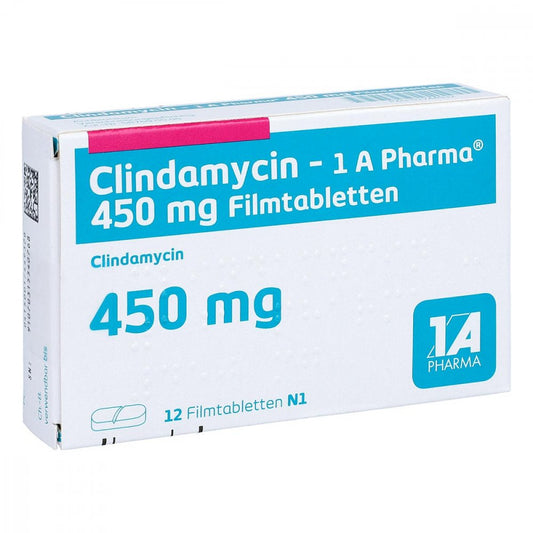 Das Produktfoto zeigt Clindamycin-1a Pharma 450 Mg Filmtabletten (12 stk) PZN 01744932