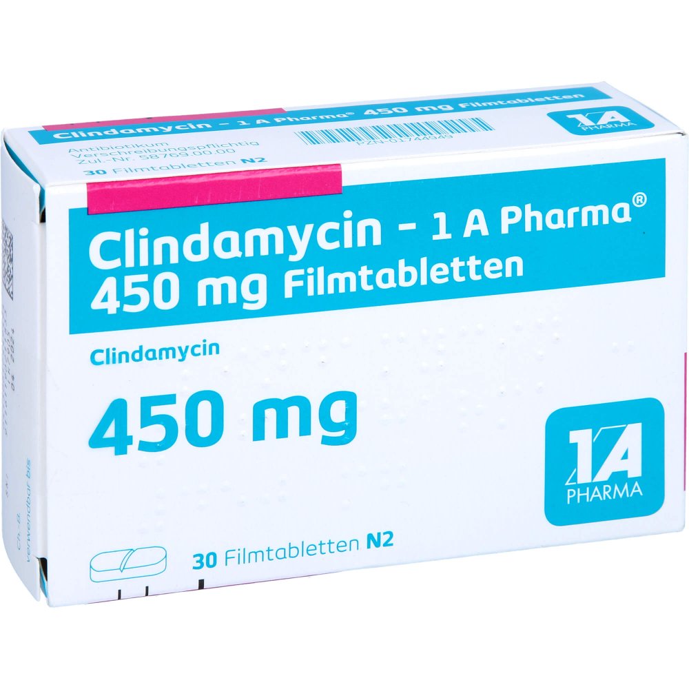 Das Produktfoto zeigt Clindamycin-1a Pharma 450 Mg Filmtabletten (30 stk) PZN 01744949