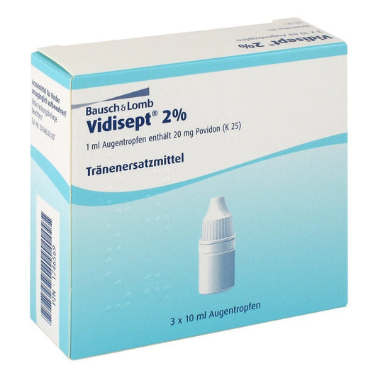 Das Produktfoto zeigt Vidisept 2% Augentropfen (3X10 ml) PZN 01746569