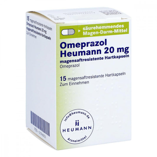 Das Produktfoto zeigt Omeprazol Heumann 20 Mg Magensaftres.Hartkapseln (15 stk) PZN 01746931