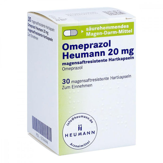 Das Produktfoto zeigt Omeprazol Heumann 20 Mg Magensaftres.Hartkapseln (30 stk) PZN 01746948
