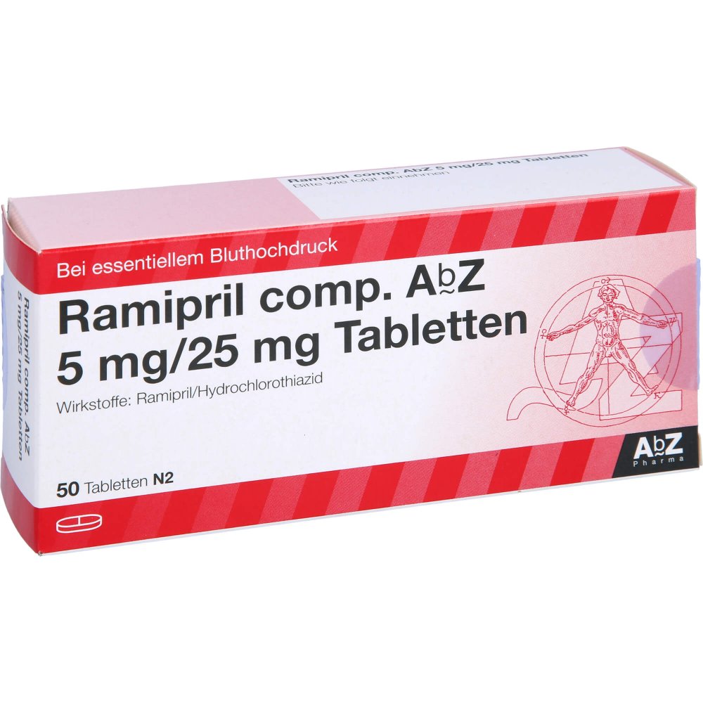 Das Produktfoto zeigt Ramipril Comp. Abz 5 Mg/25 Mg Tabletten (50 stk) PZN 01755700