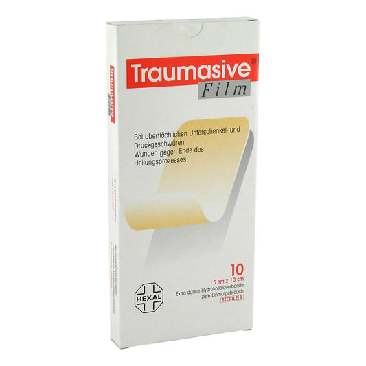 Das Produktfoto zeigt Traumasive Film 5x10cm Hydrokolloid-Verband (10 stk) PZN 01796969