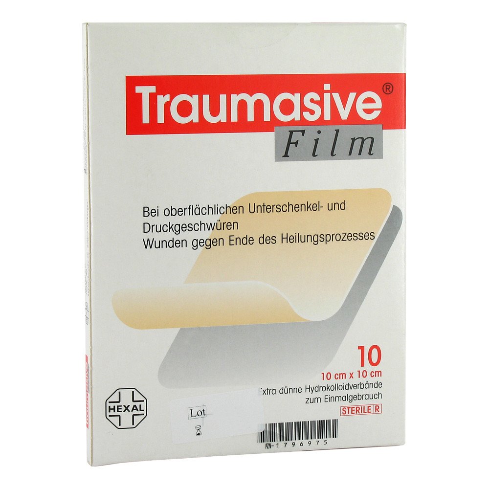 Das Produktfoto zeigt Traumasive Film 10x10cm Hydrokolloid-Verband (10 stk) PZN 01796975