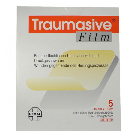 Das Produktfoto zeigt Traumasive Film 15x15cm Hydrokolloid-Verband (5 stk) PZN 01796981
