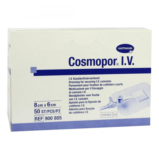 Das Produktfoto zeigt Cosmopor I.V. Kanülenfixierverband 6x8 Cm (50 stk) PZN 01798968
