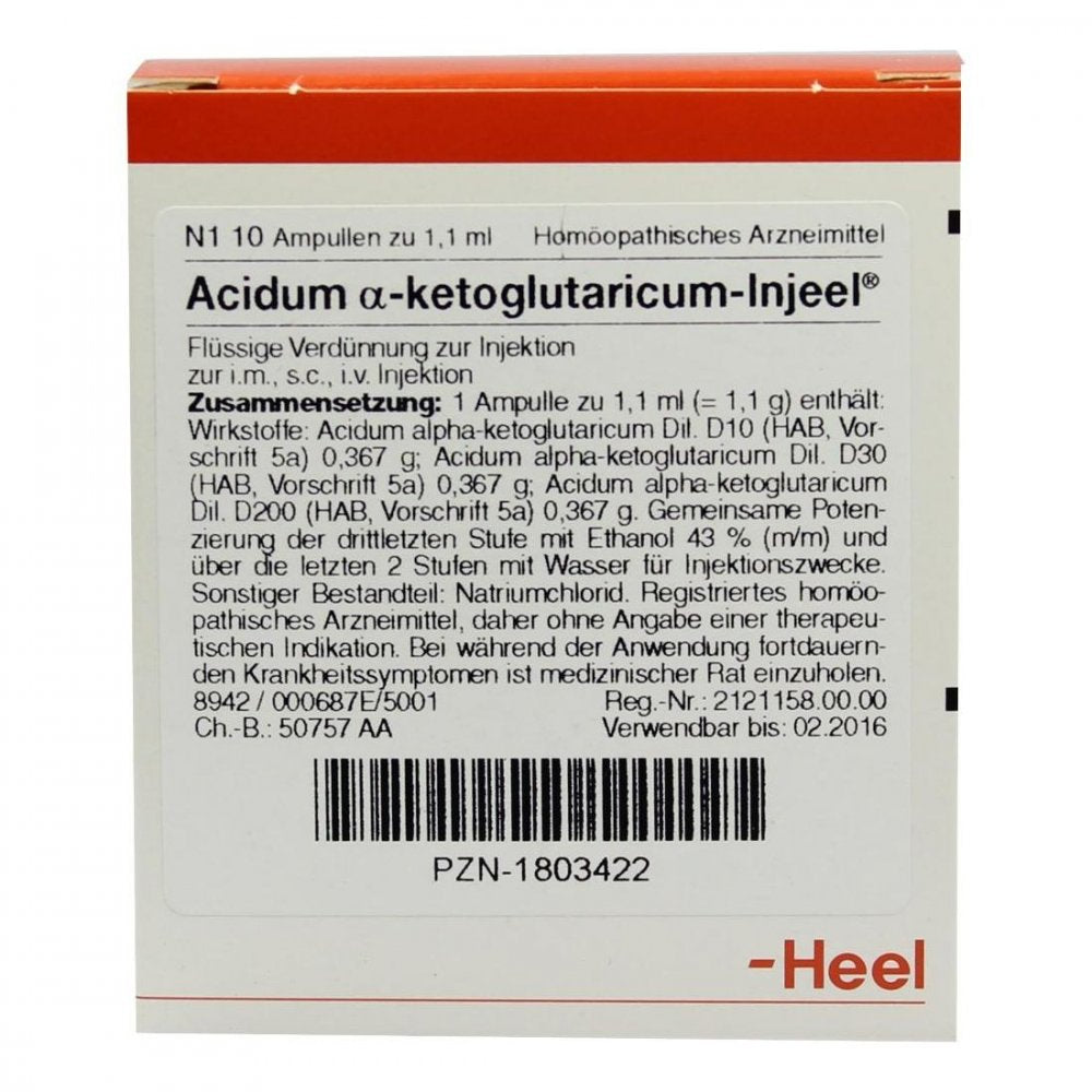 Das Produktfoto zeigt Acidum Alpha-Ketoglutaricum Injeel Ampullen (10 stk) PZN 01803422
