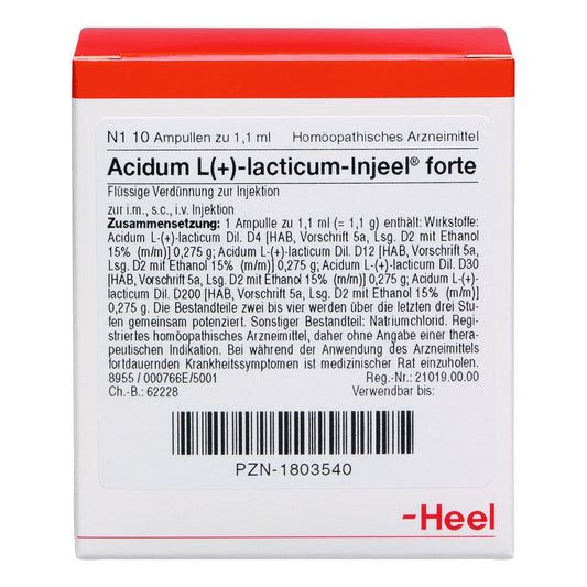 Das Produktfoto zeigt Acidum L-Lacticum Injeel Forte Ampullen (10 stk) PZN 01803540