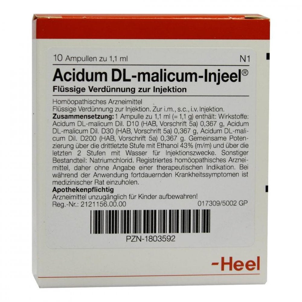 Das Produktfoto zeigt Acidum Dl-Malicum Injeel Ampullen (10 stk) PZN 01803592