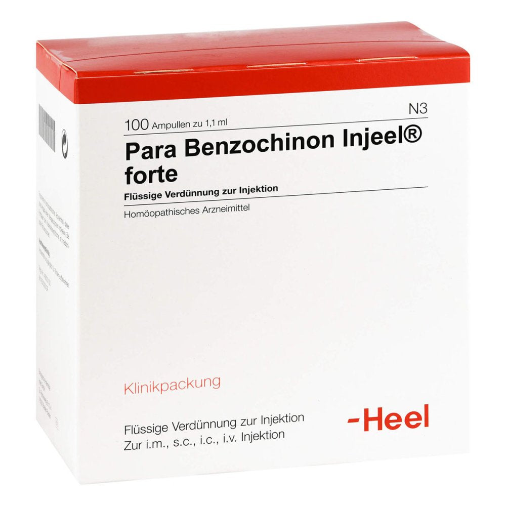 Das Produktfoto zeigt Para Benzochinon Injeel Forte Ampullen (100 stk) PZN 01804798