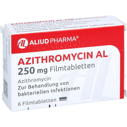 Das Produktfoto zeigt Azithromycin Al 250 Mg Filmtabletten (6 stk) PZN 01805007