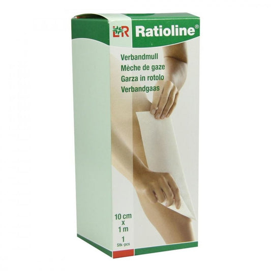 Das Produktfoto zeigt Ratioline Acute 10 Cmx1 M Verbandmull Gerollt (1 stk) PZN 01805036
