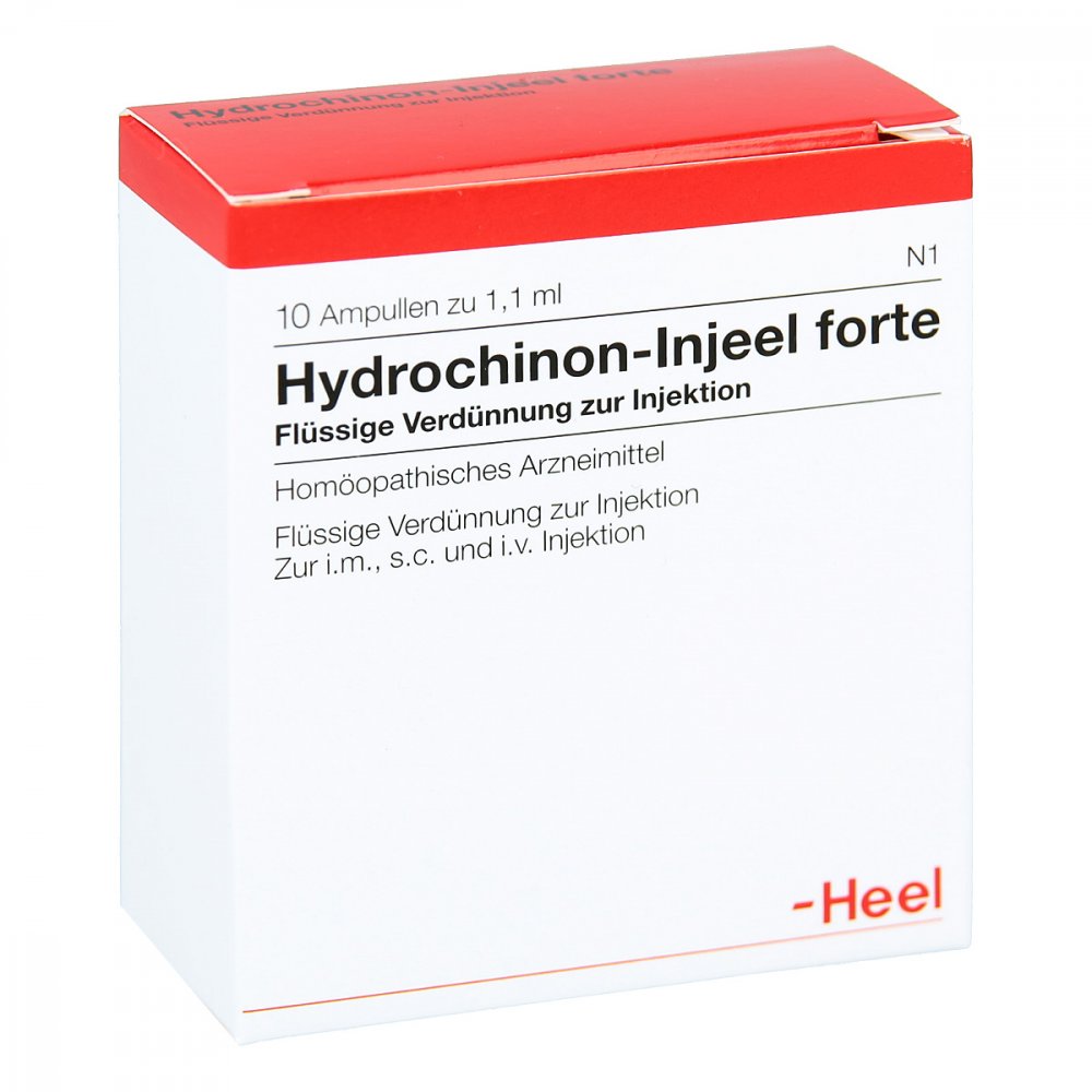 Das Produktfoto zeigt Hydrochinon Injeel Forte Ampullen (10 stk) PZN 01807578