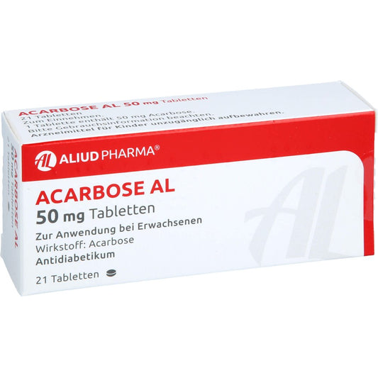 Das Produktfoto zeigt Acarbose Al 50 Mg Tabletten (21 stk) PZN 01808661