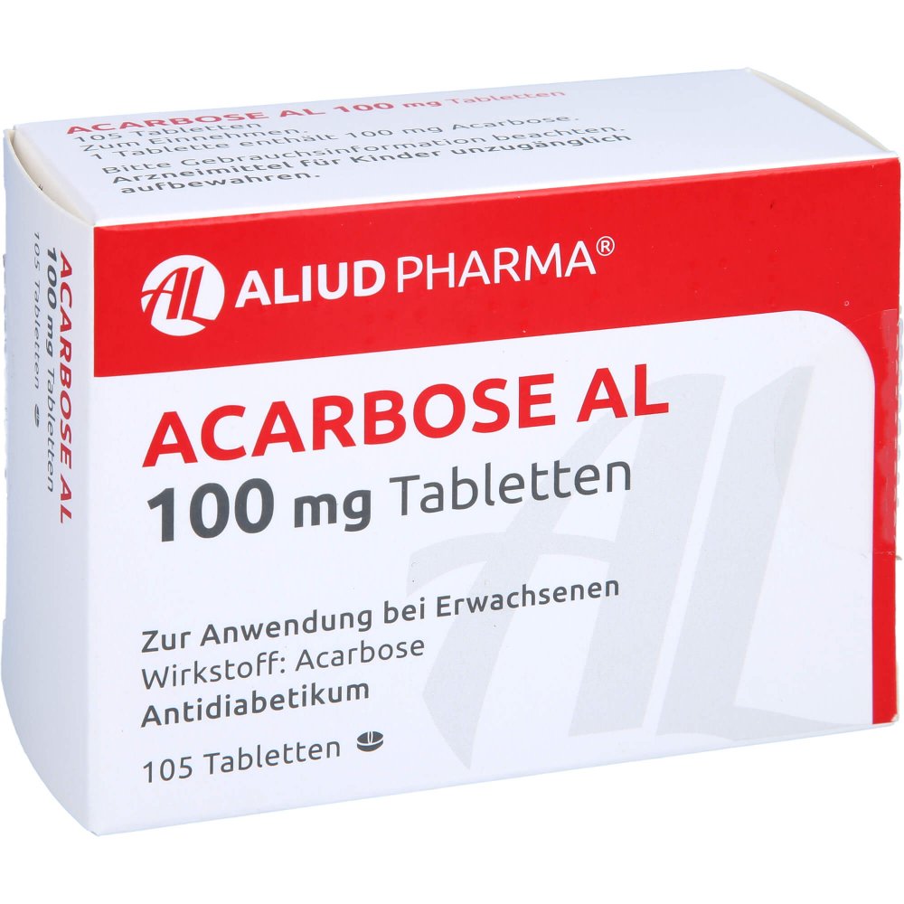 Das Produktfoto zeigt Acarbose Al 100 Mg Tabletten (105 stk) PZN 01813314