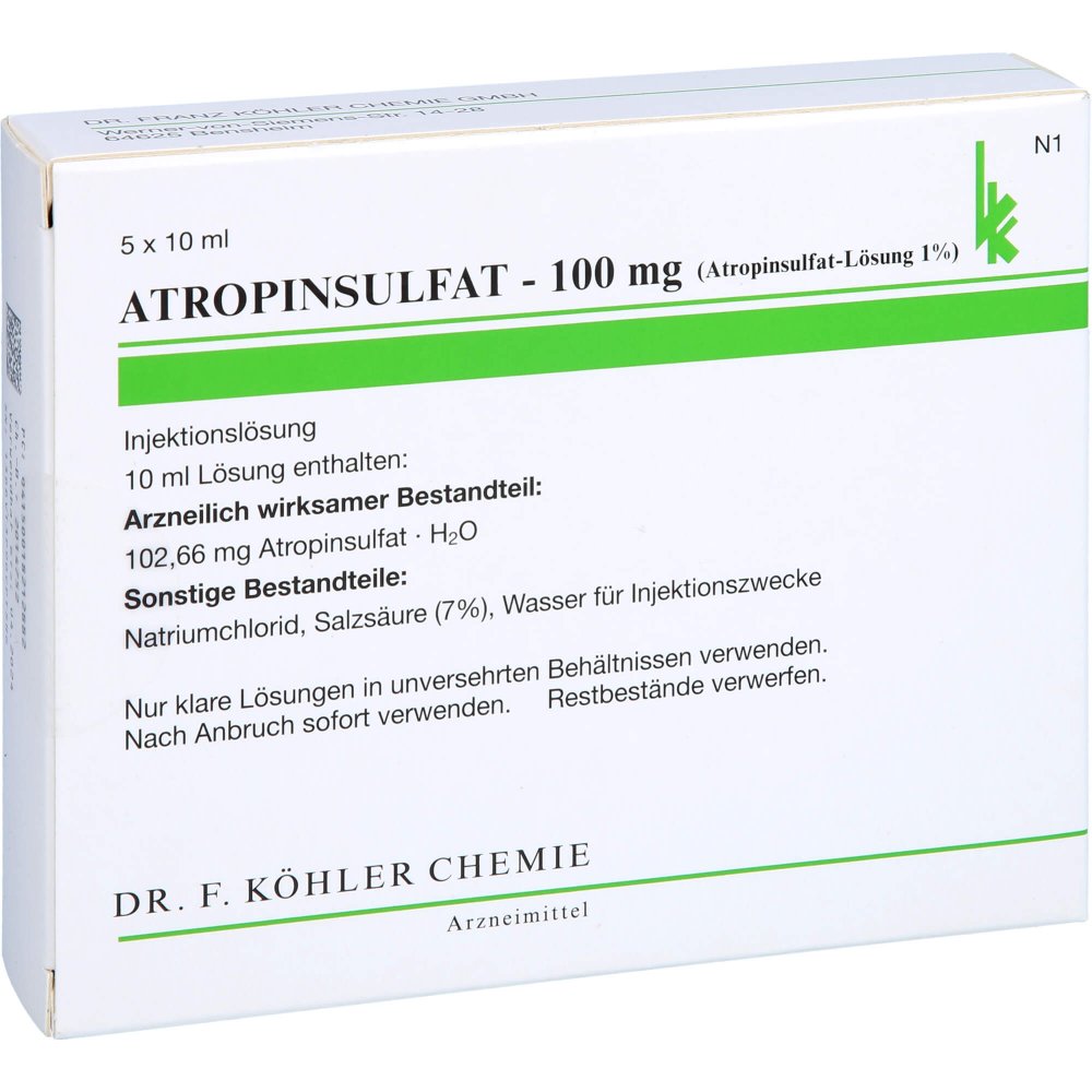 Das Produktfoto zeigt Atropinsulfat 100 Mg Ampullen (5X10 ml) PZN 01821288