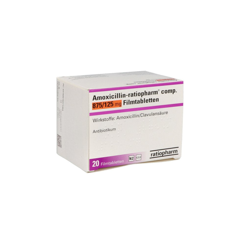 Das Produktfoto zeigt Amoxicillin-Ratiopharm Comp.875mg/125mg Filmtabl. (20 stk) PZN 01827138