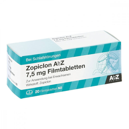 Das Produktfoto zeigt Zopiclon Abz 7,5 Mg Filmtabletten (20 stk) PZN 01830790